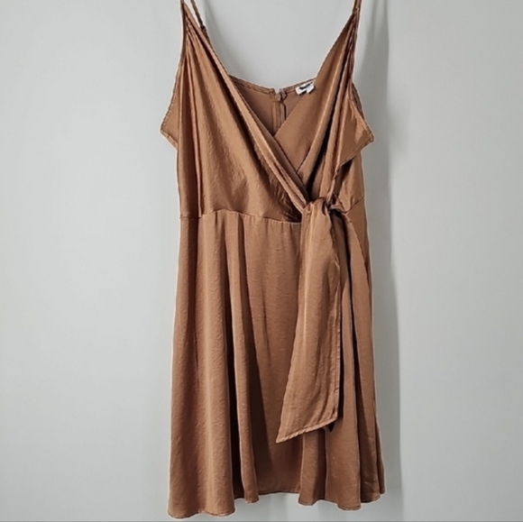 Express Mocha Satiny Slip Dress w Faux Wrap Front Spaghetti Straps Fit & Flare - Picture 12 of 12